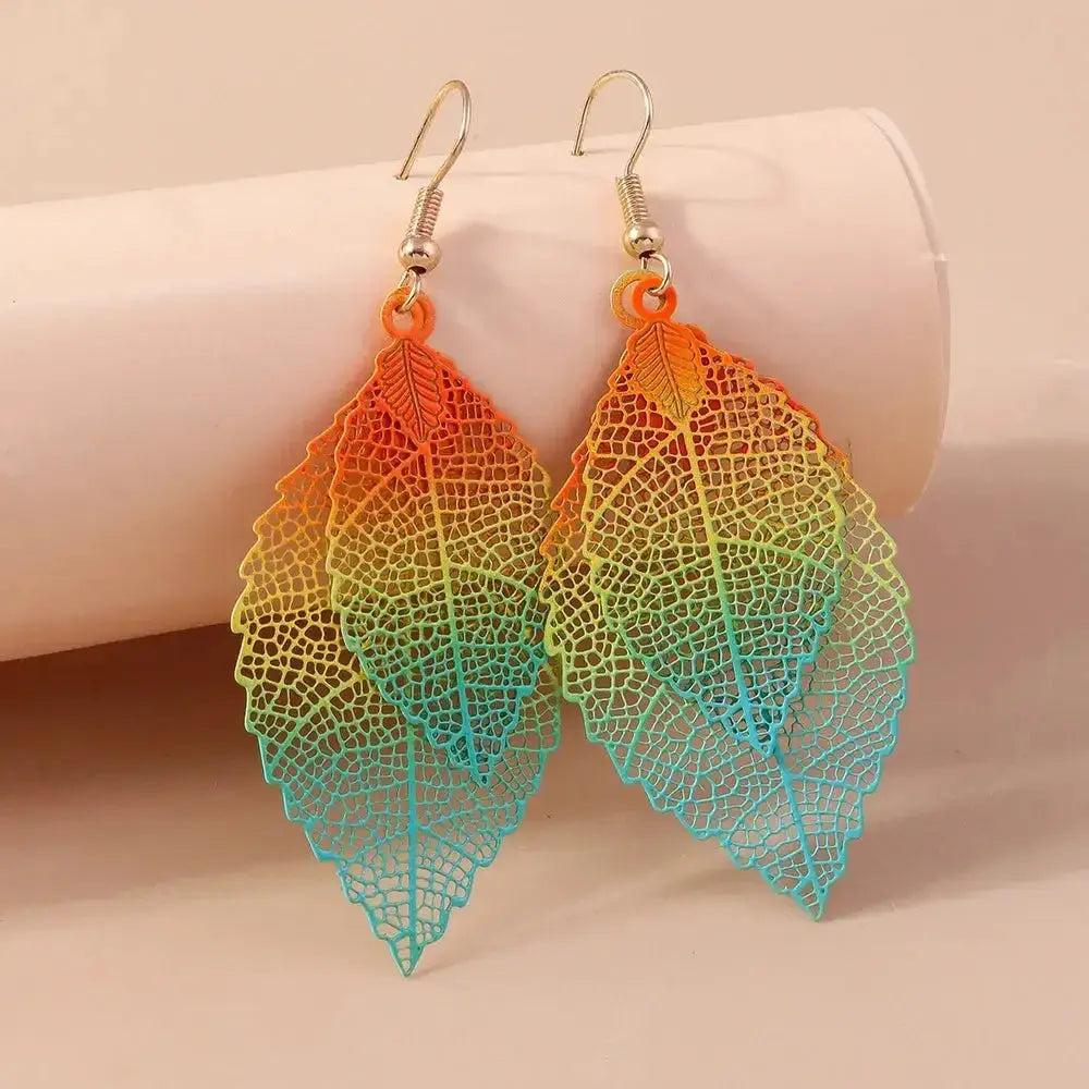 Bohemian Double Leaf Drop Earrings with vibrant gradient coloring, hollow cutwork, and lightweight design.