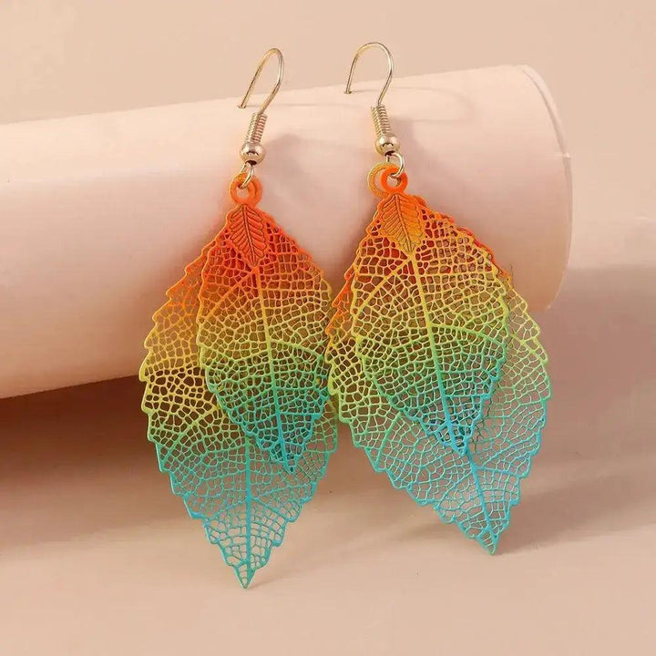 Bohemian Double Leaf Drop Earrings with vibrant gradient coloring, hollow cutwork, and lightweight design.