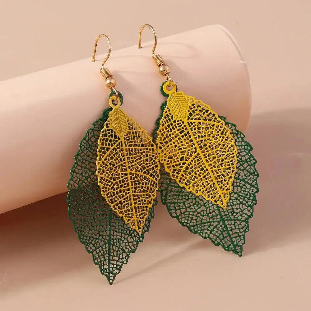 Bohemian Double Leaf Drop Earrings with lightweight, hollow green and yellow gradient leaf design.