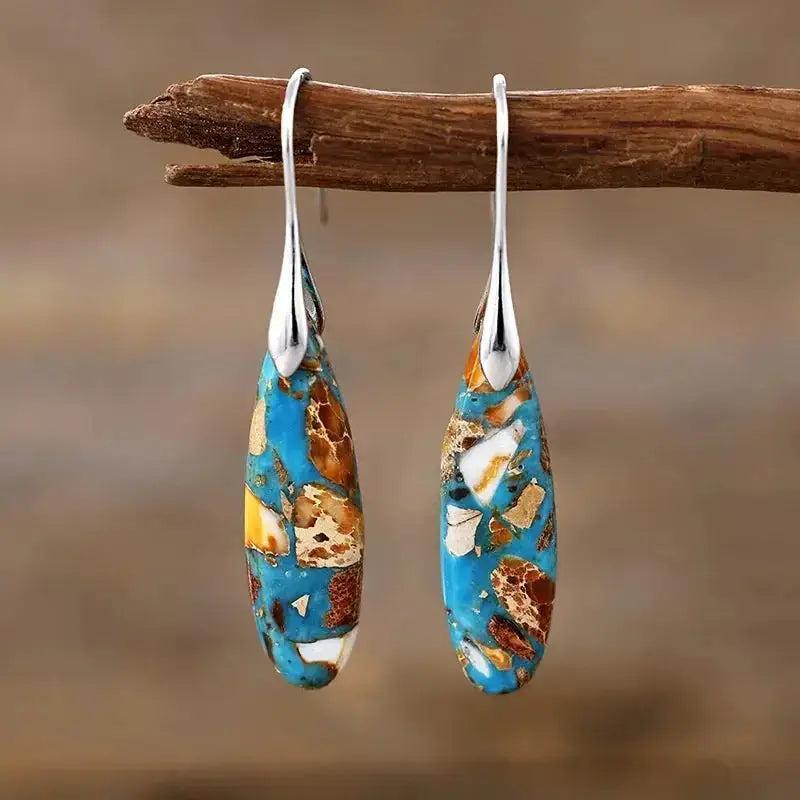 Bohemian Empire Jasper Teardrop Earrings from Crystal Destiny, featuring unique blue, brown, and white patterned stones.