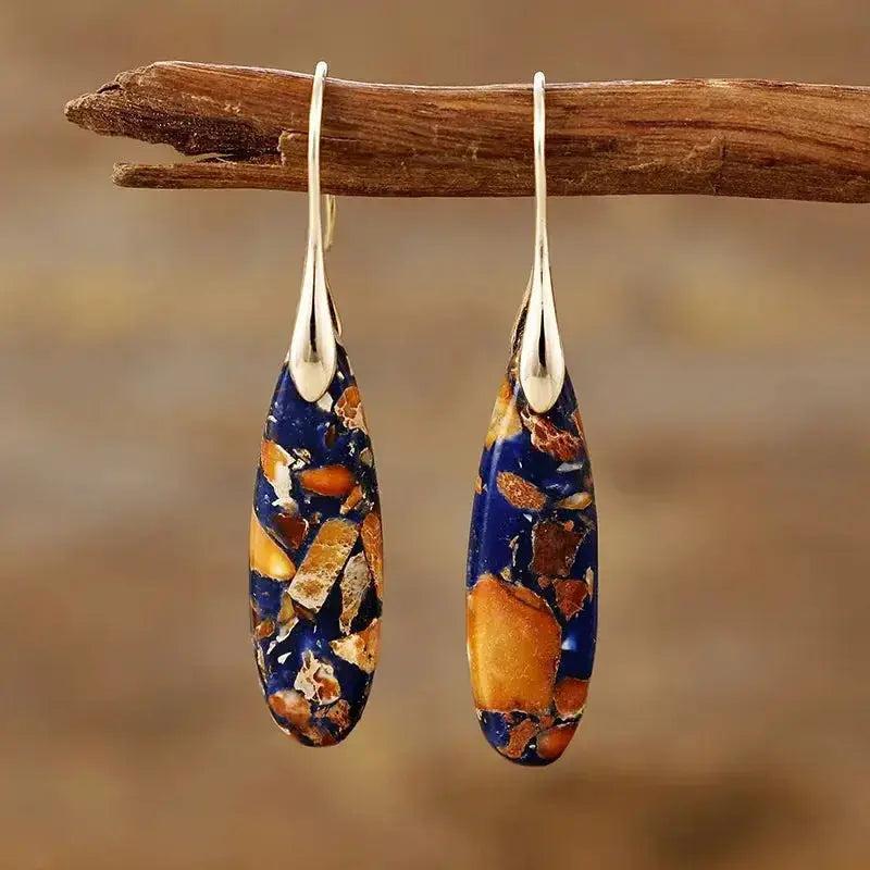 Bohemian Empire Jasper Teardrop Earrings from Crystal Destiny, featuring blue and earthy-toned stones on boho hooks.