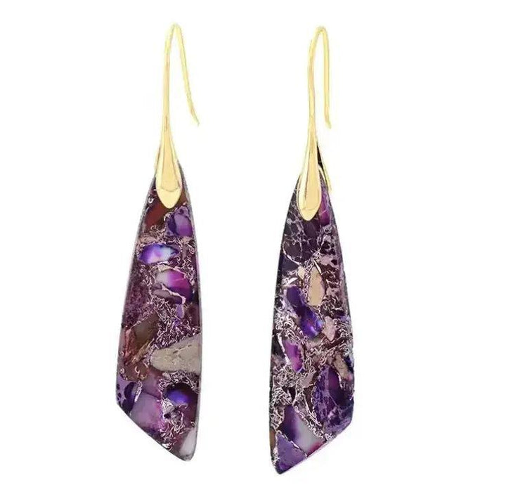 Bohemian Empire Jasper teardrop earrings with purple, brown, and white patterns on gold-tone hooks from Crystal Destiny.