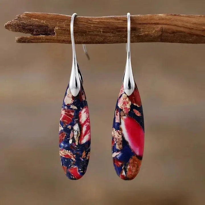 Bohemian Empire Jasper teardrop earrings with earthy red, blue, and white patterns, offering grounding energy from Crystal Destiny.