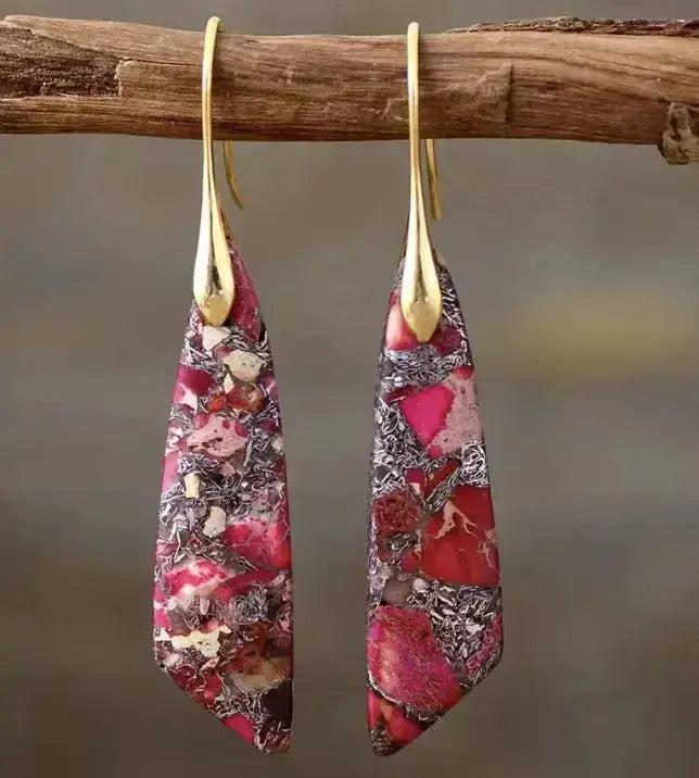 Bohemian Empire Jasper teardrop earrings with earthy pink and gray patterns on gold hooks from Crystal Destiny.