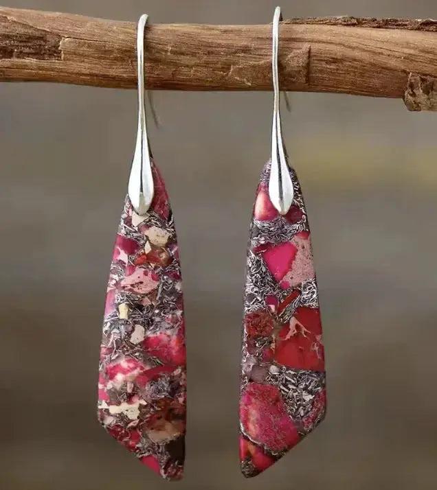 Bohemian Empire Jasper teardrop earrings from Crystal Destiny, featuring unique red and earthy patterned stones on silver hooks.
