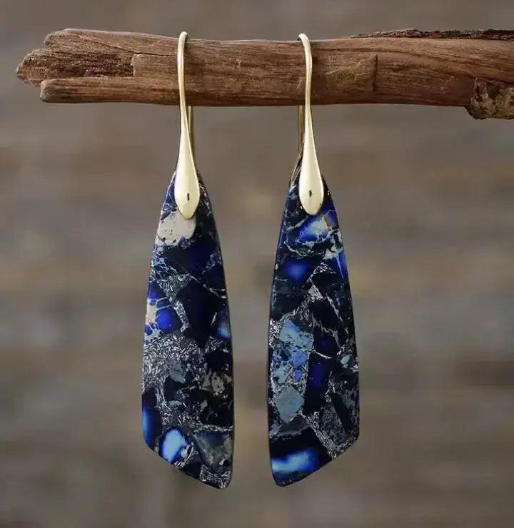 Bohemian Empire Jasper teardrop earrings with blue, black, and white patterns on gold boho hooks from Crystal Destiny.