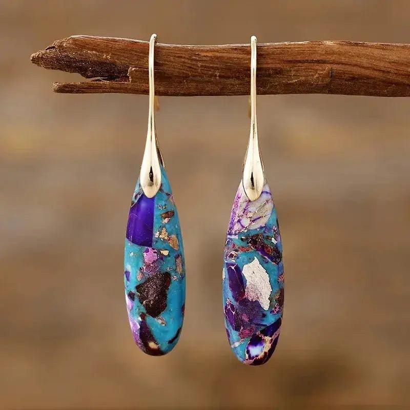 Bohemian Empire Jasper teardrop earrings with earthy blue and purple tones, set on silver boho hooks from Crystal Destiny.
