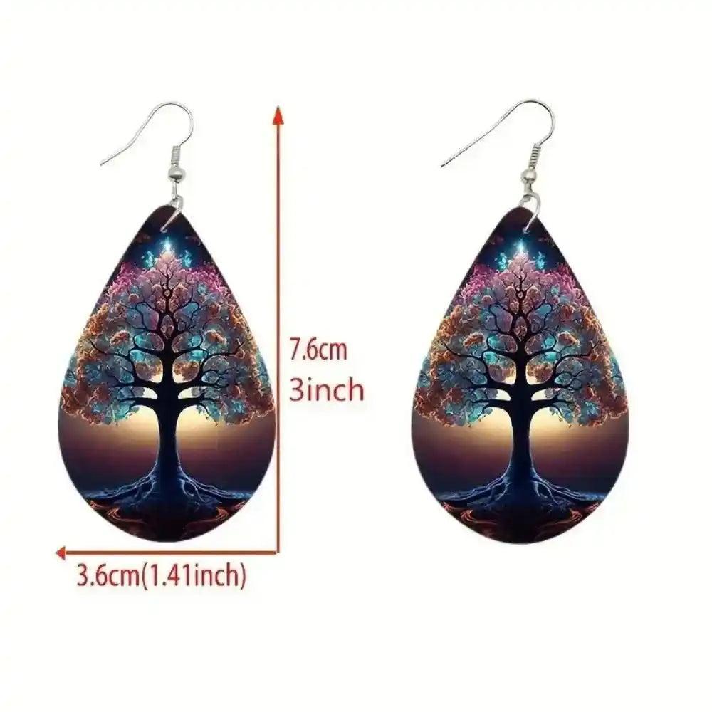 Boho wooden water drop earrings with colorful Tree of Life design, 7.6cm long.
