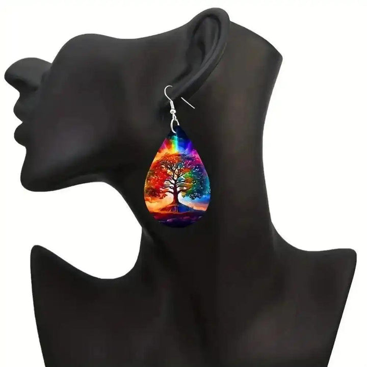 Boho wooden water drop earrings with colorful rainbow tree of life design, lightweight and vibrant.