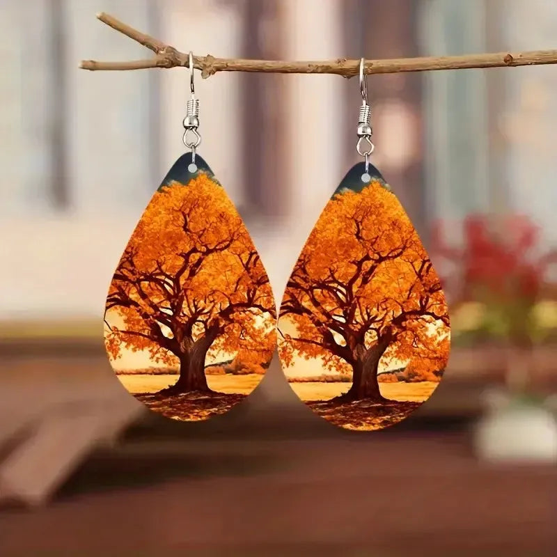 Boho Wooden Water Drop Earrings-Earrings-Ali-4 - Autumn Trees-Crystal Destiny