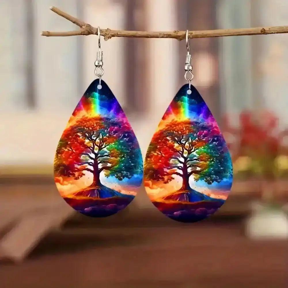 Boho wooden water drop earrings with colorful Tree of Life design and rainbow top, hanging from a branch.