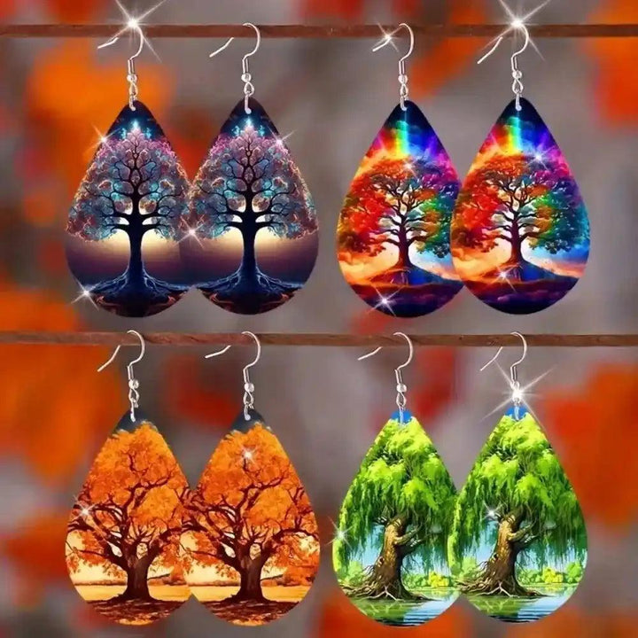 Four pairs of Boho Wooden Water Drop Earrings, each with a unique, colorful tree of life design.