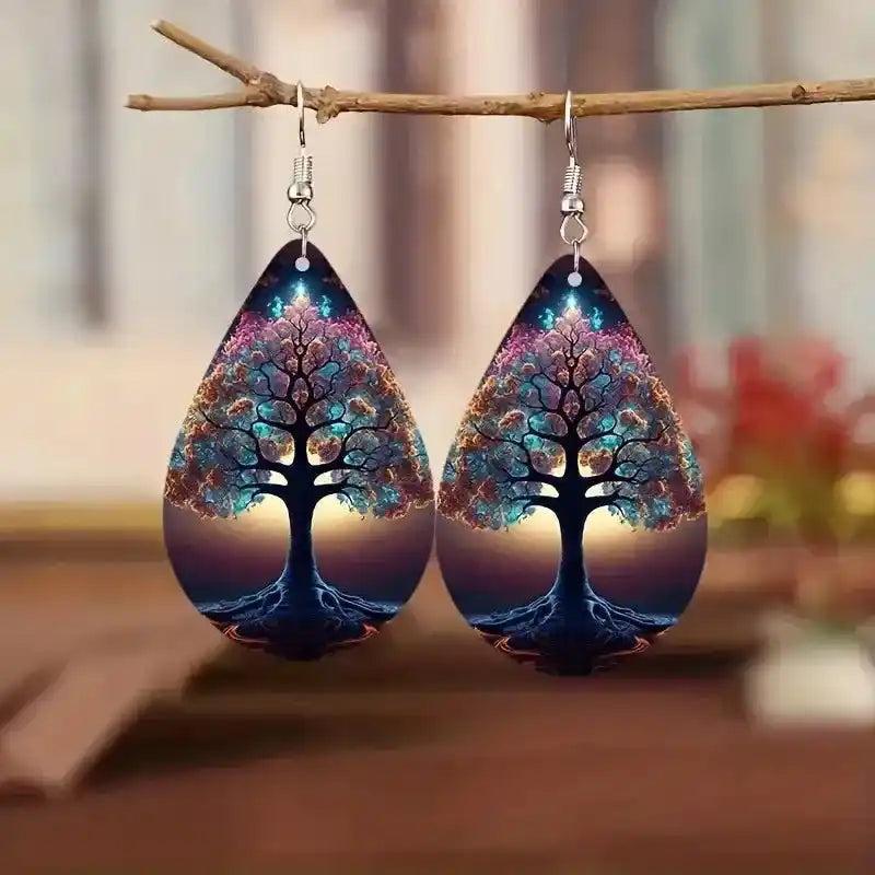 Boho Wooden Water Drop Earrings with colorful 2D printed Tree of Life design, perfect for a fun, artistic touch.