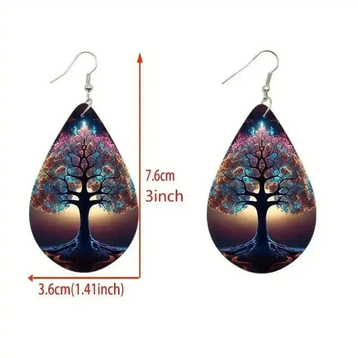 Boho Wooden Water Drop Earrings with colorful Tree of Life design, 7.6cm long, 3.6cm wide.