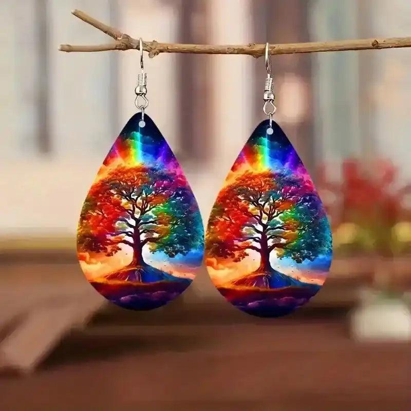 Boho Wooden Water Drop Earrings with vibrant, colorful tree of life design for a fun, artistic touch.