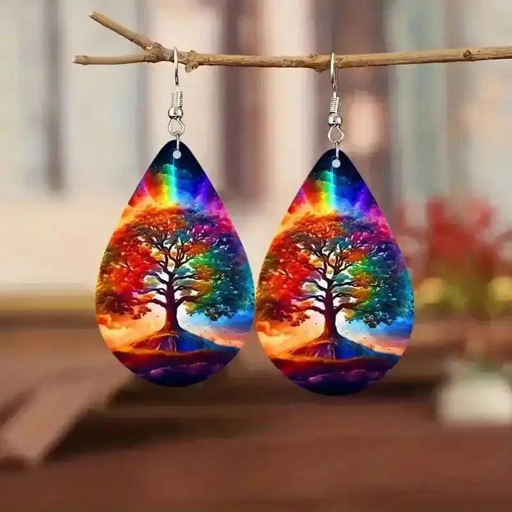 Boho Wooden Water Drop Earrings with vibrant, colorful tree of life design for a fun, artistic touch.