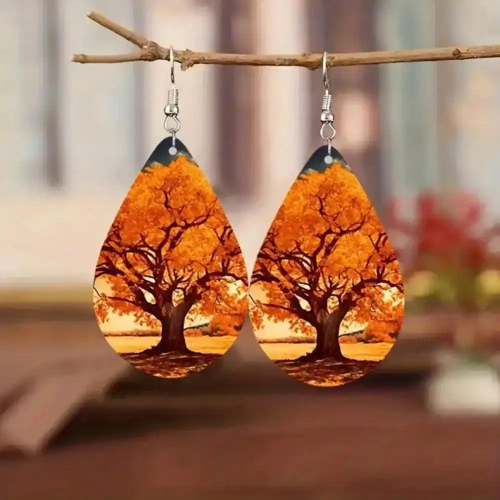 Boho Wooden Water Drop Earrings with vibrant orange autumn tree print, perfect for a natural, artistic touch.