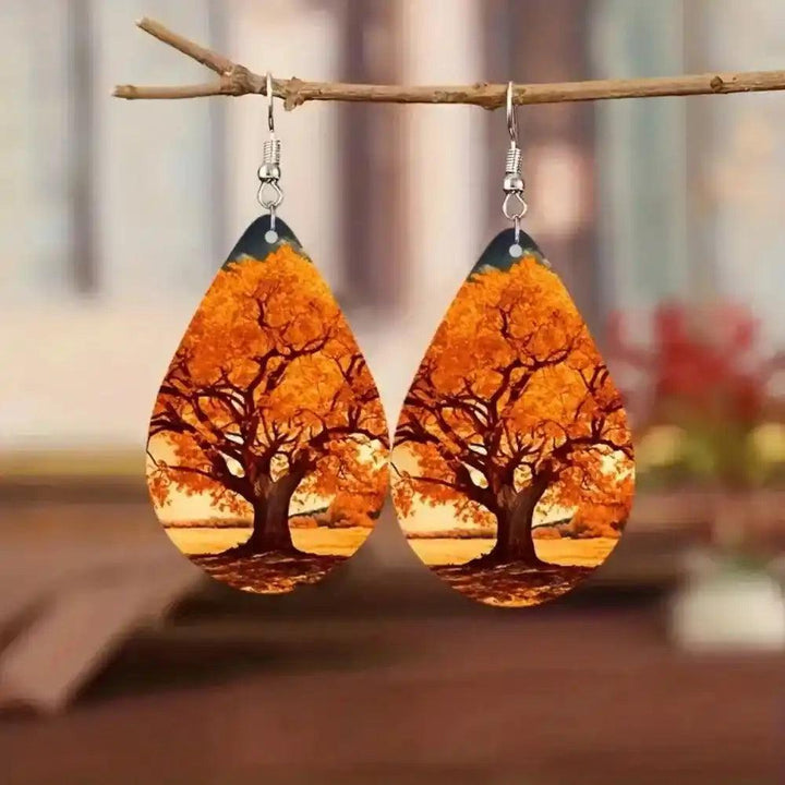 Boho Wooden Water Drop Earrings with vibrant orange autumn tree print, perfect for a natural, artistic touch.