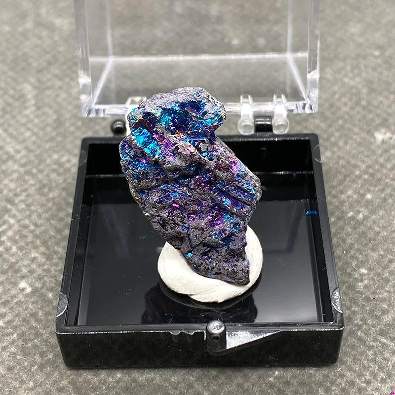 Raw Bornite Peacock Ore specimen with iridescent blue and purple hues and metallic Pyrite in a display box.