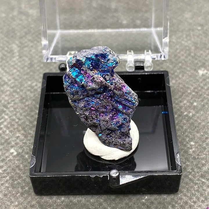 Raw Bornite Peacock Ore specimen with iridescent blue and purple hues and metallic Pyrite in a display box.