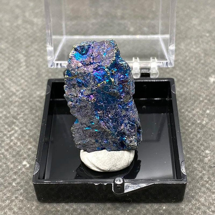 Raw Bornite Peacock Ore specimen with iridescent blue, purple, and gold hues and metallic Pyrite in a display box.