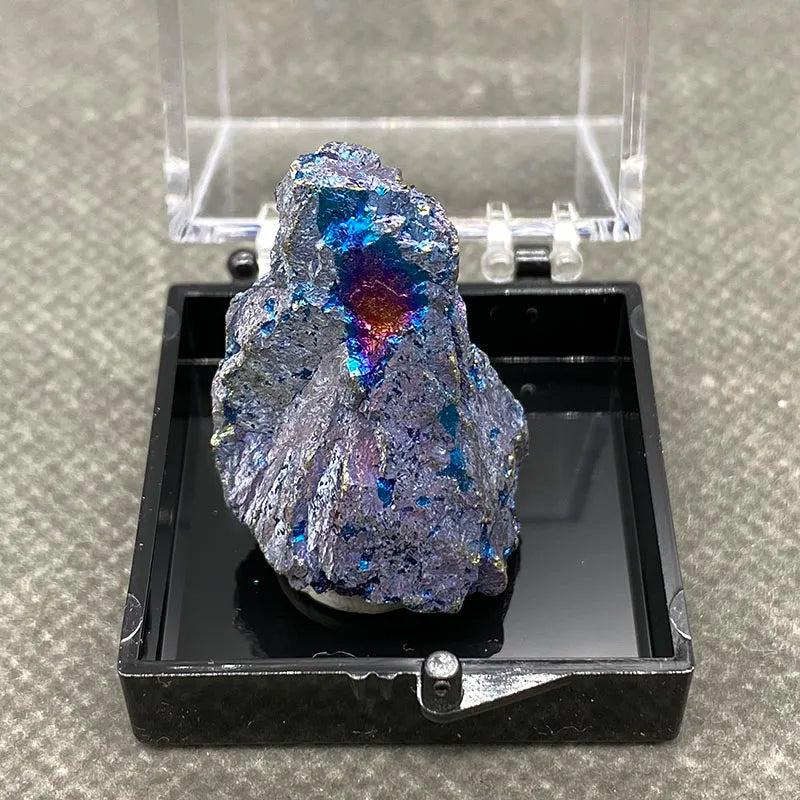 Raw Bornite Peacock Ore specimen with iridescent blue, purple, and gold hues and metallic Pyrite in a display box.