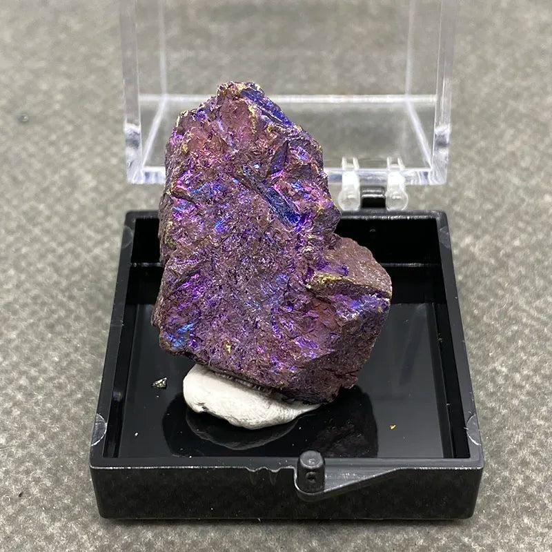 Raw Bornite Peacock Ore specimen with iridescent purple, blue, and gold hues and Pyrite inclusions in a display box.