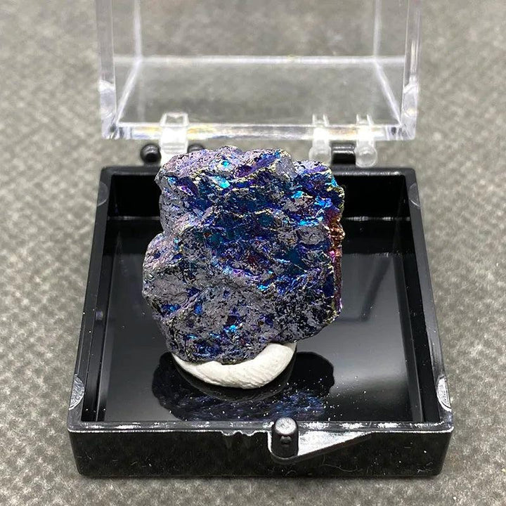 Raw Bornite Peacock Ore specimen with iridescent blue, purple, and gold hues and metallic Pyrite in a display box.