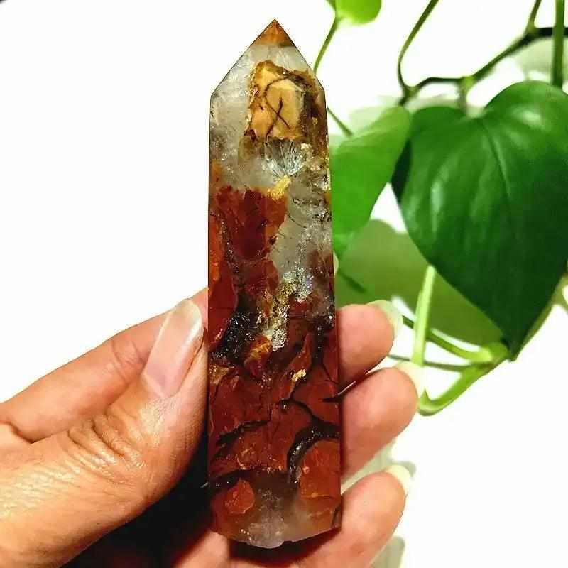 Polished Brecciated Jasper tower featuring a mosaic of red, orange, and brown grounding stone for root chakra healing.