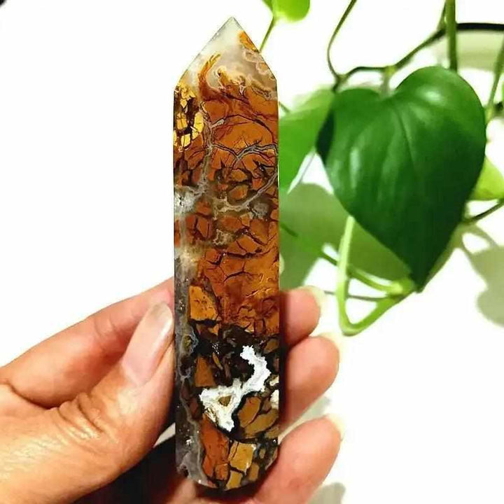 Polished Brecciated Jasper tower with red and brown mosaic patterns, perfect for grounding and Root Chakra healing.