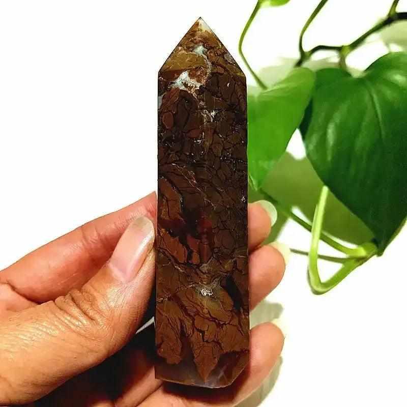 Polished Brecciated Jasper tower with earthy red and brown mosaic patterns for grounding and Root Chakra healing.