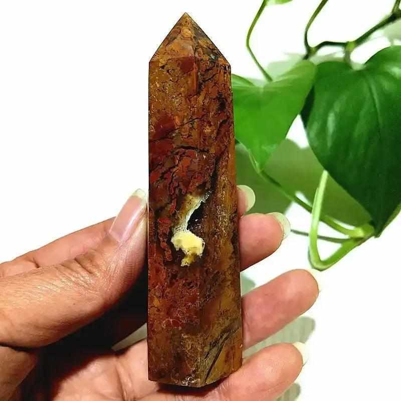 Polished Brecciated Jasper tower with red and brown mosaic patterns, perfect for Root Chakra grounding and stability.