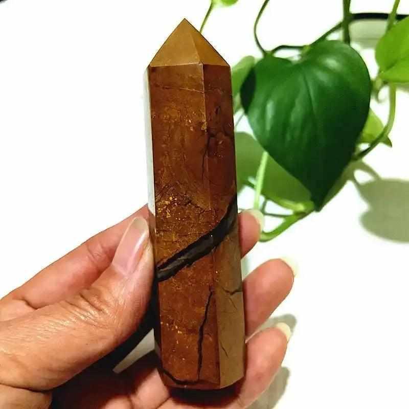 Polished Brecciated Jasper tower with earthy red and brown mosaic patterns for grounding and root chakra balance.
