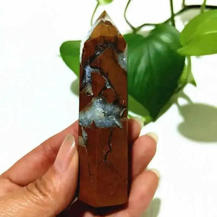 Polished Brecciated Jasper tower with red, brown, and cream mosaic patterns for grounding and Root Chakra healing.