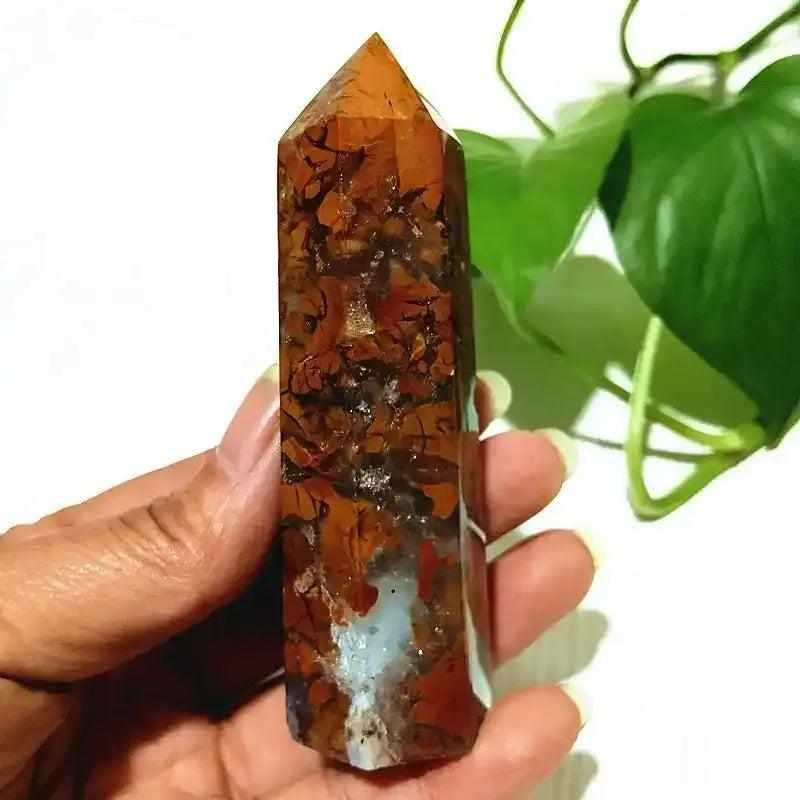 Polished Brecciated Jasper tower featuring a mosaic of red, orange, and brown grounding energy for the Root Chakra.
