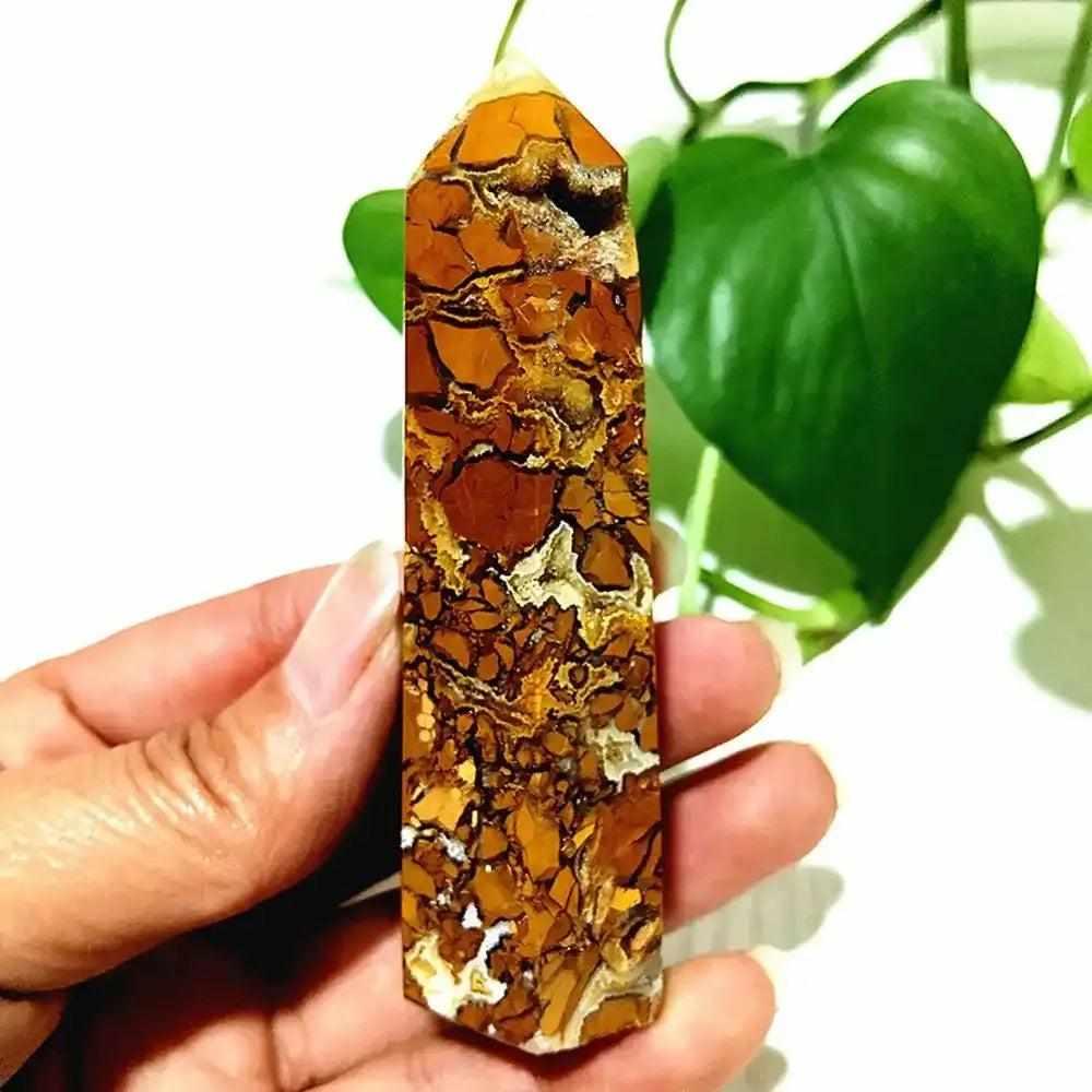 Polished Brecciated Jasper tower with red and brown mosaic patterns for grounding and Root Chakra stability.
