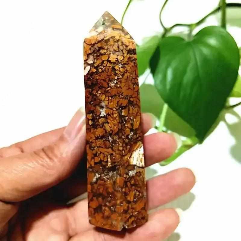 Polished Brecciated Jasper tower with a mosaic of red, orange, and brown for grounding and Root Chakra stability.