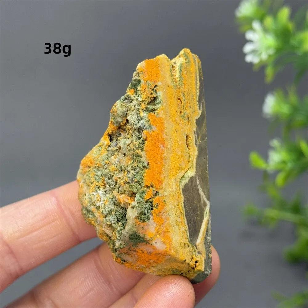 Vibrant 38g Bumblebee Jasper Crystal Freeform with raw yellow, orange, and green volcanic layers for solar plexus energy.