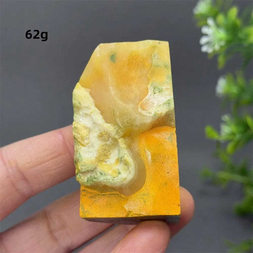 62g Bumblebee Jasper Crystal Freeform with vibrant yellow and orange bands for solar plexus chakra healing.