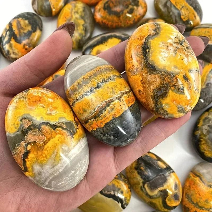 Polished yellow and black Bumblebee Jasper Beehive Crystal Palm stones for healing energy.
