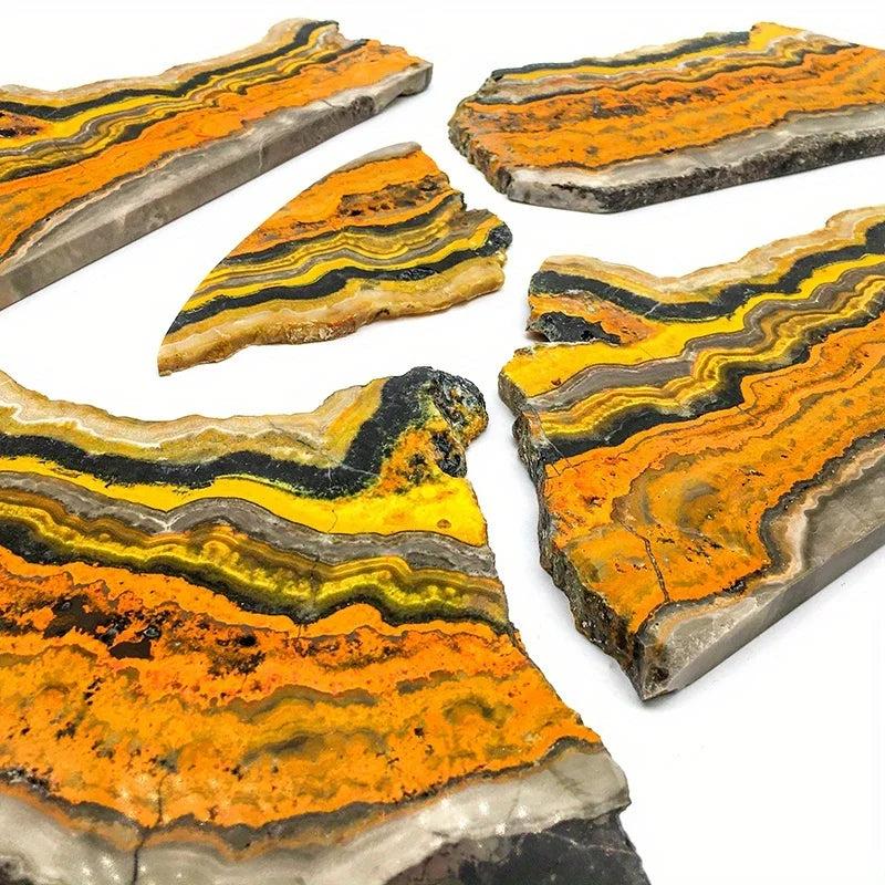 Polished Bumblebee Jasper crystal slabs with vibrant yellow, orange, and black banding for vitality.