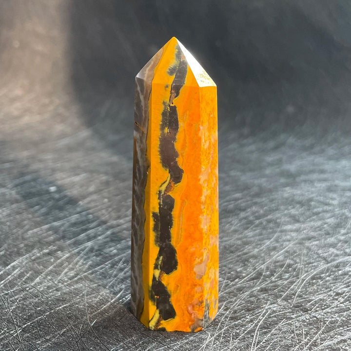 Vibrant yellow and black Bumblebee Jasper Crystal Tower for solar plexus chakra energy.