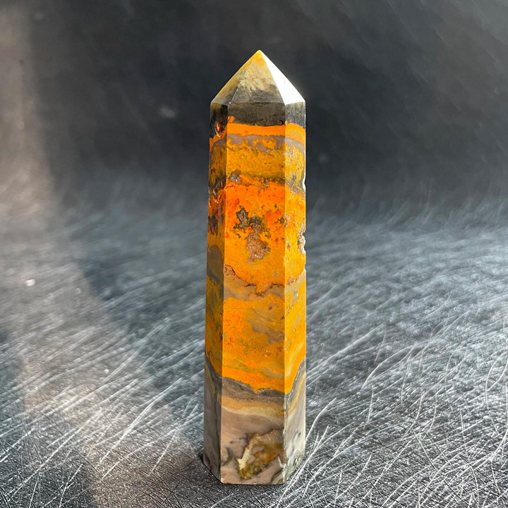 Bumblebee Jasper Crystal Tower with vibrant yellow, orange, and black banding for solar plexus energy.
