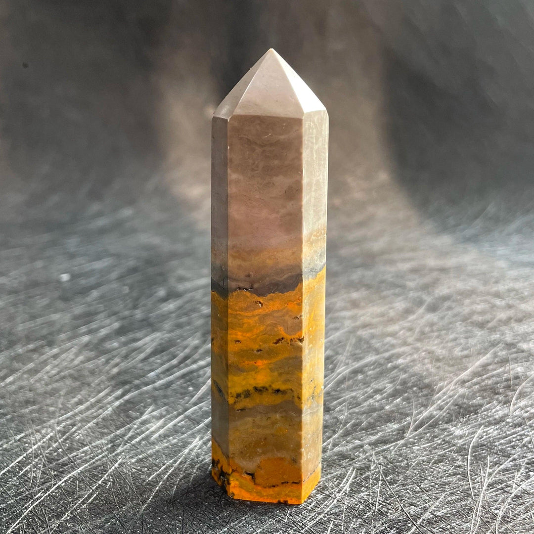Bumblebee Jasper Crystal Tower with vibrant yellow and grey banding for solar plexus energy.