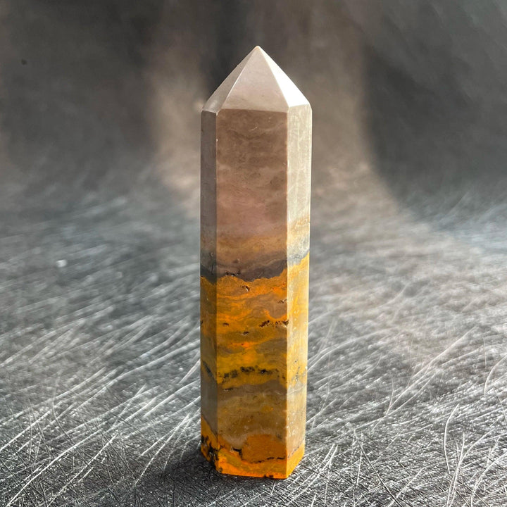 Bumblebee Jasper Crystal Tower with vibrant yellow and grey banding for solar plexus energy.