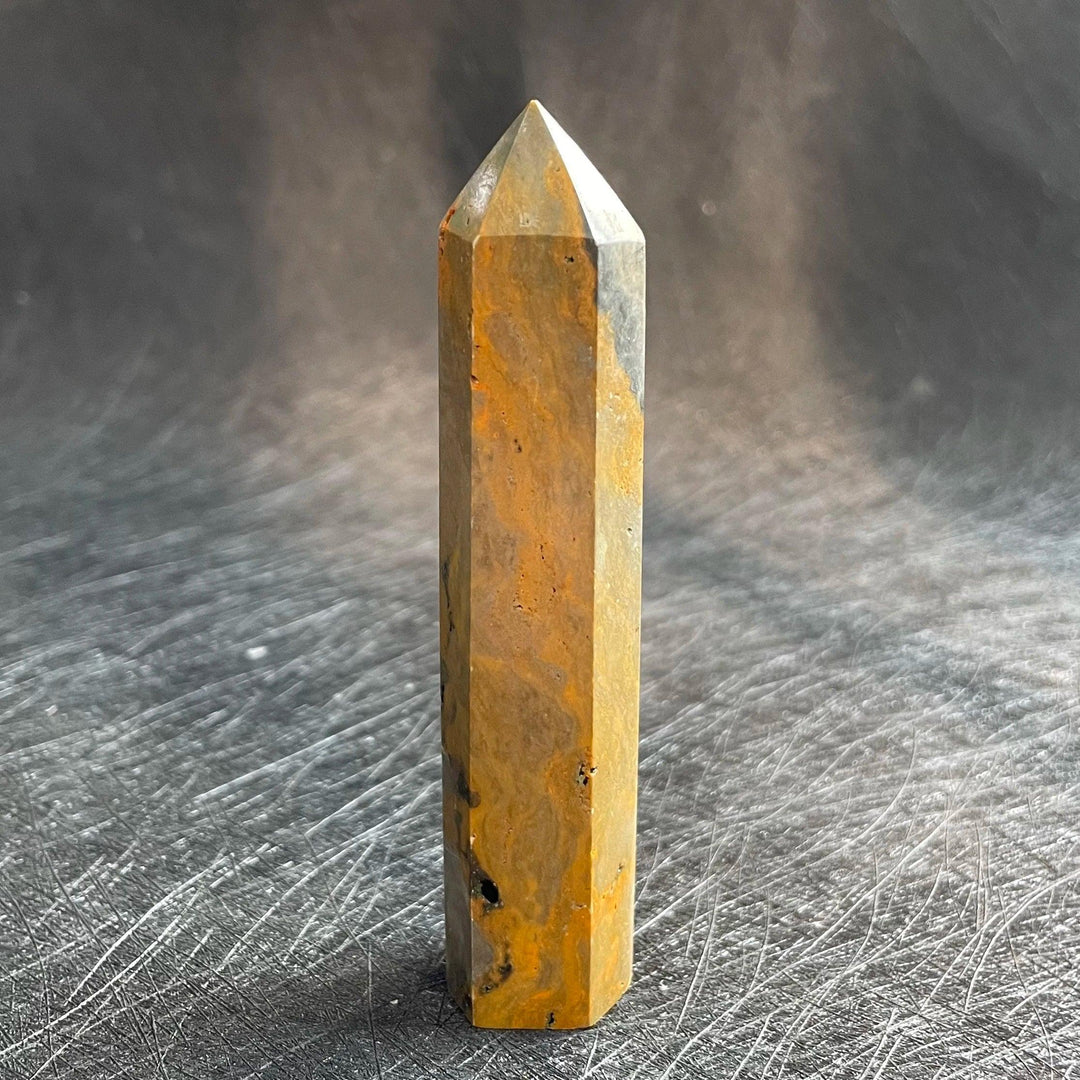 Bumblebee Jasper Crystal Tower with yellow and grey banding for solar plexus chakra healing.