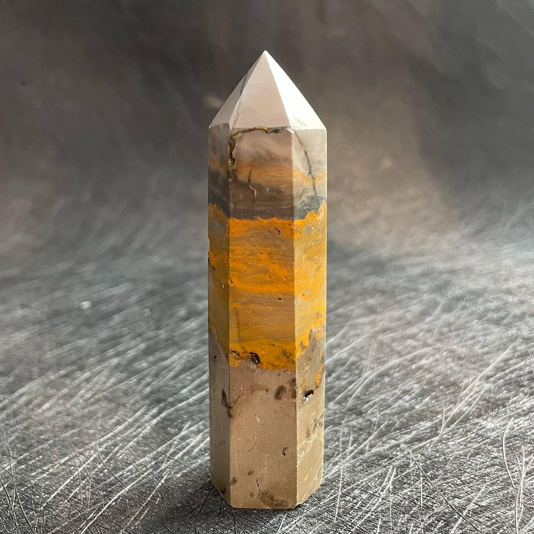 Bumblebee Jasper Crystal Tower with yellow, grey, and white bands for solar plexus energy.