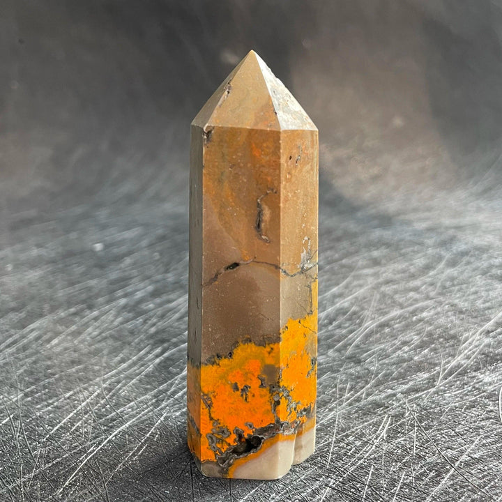 Vibrant Bumblebee Jasper Crystal Tower with orange and grey banding for solar plexus energy.