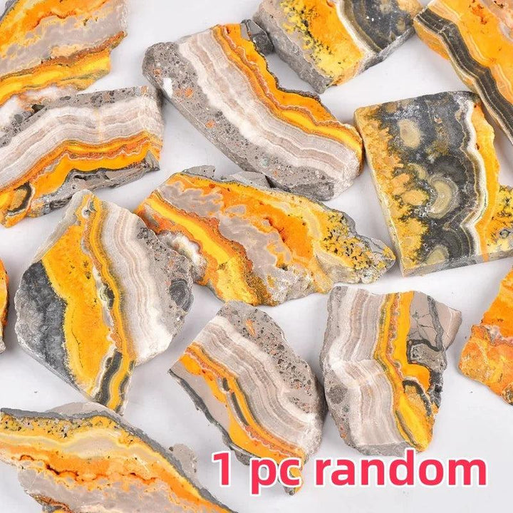 Vibrant Bumblebee Jasper Crystal Slices with yellow, orange, and grey volcanic banding for solar plexus energy.