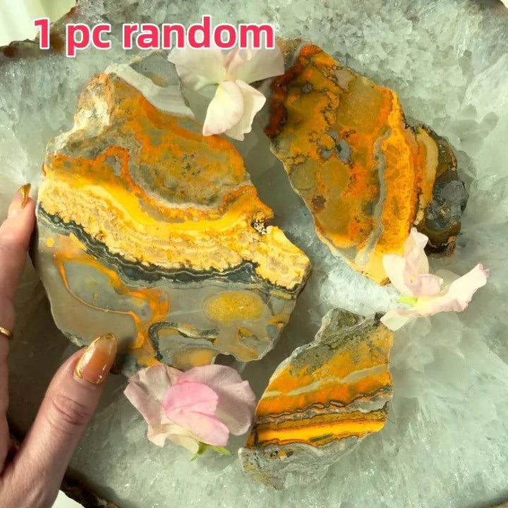 Vibrant yellow and orange Bumblebee Jasper Crystal Slices for solar plexus energy.